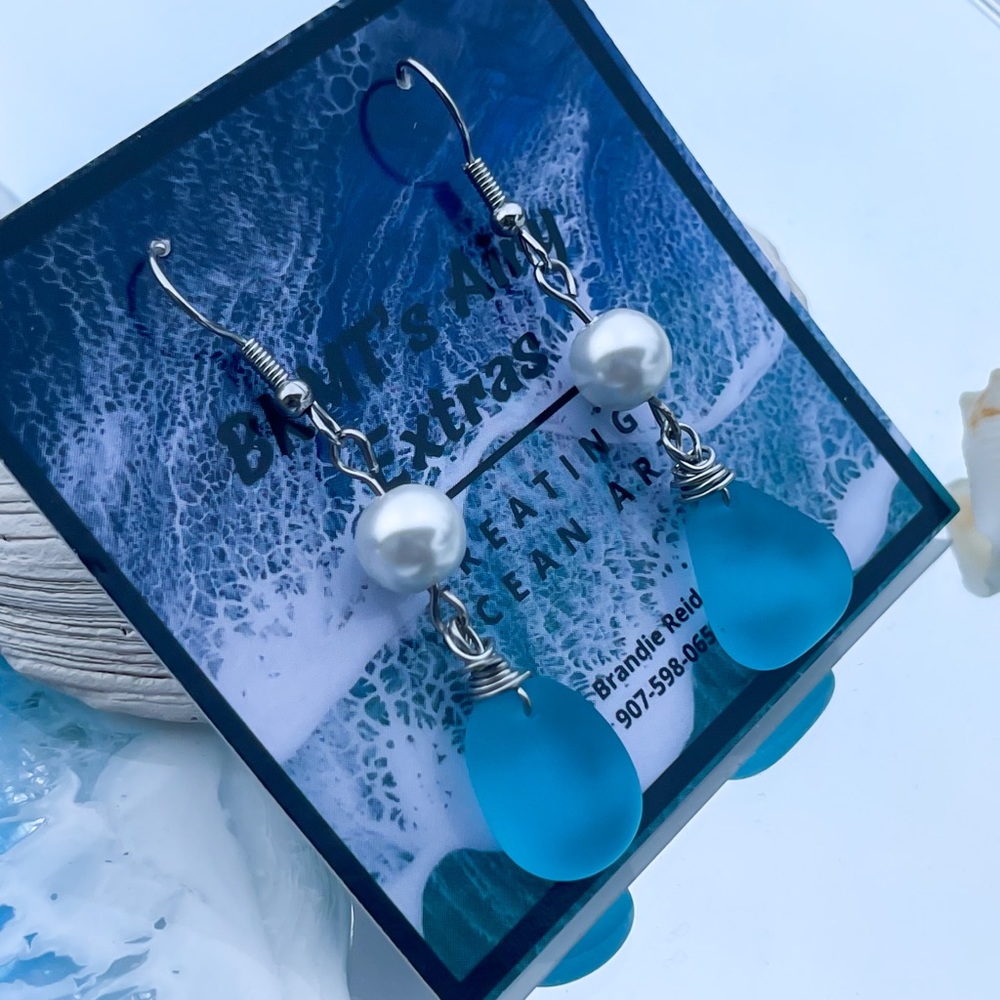 2” Blue Sea Glass Earrings with white bead, sea glass Jewerly, beach Jewerly